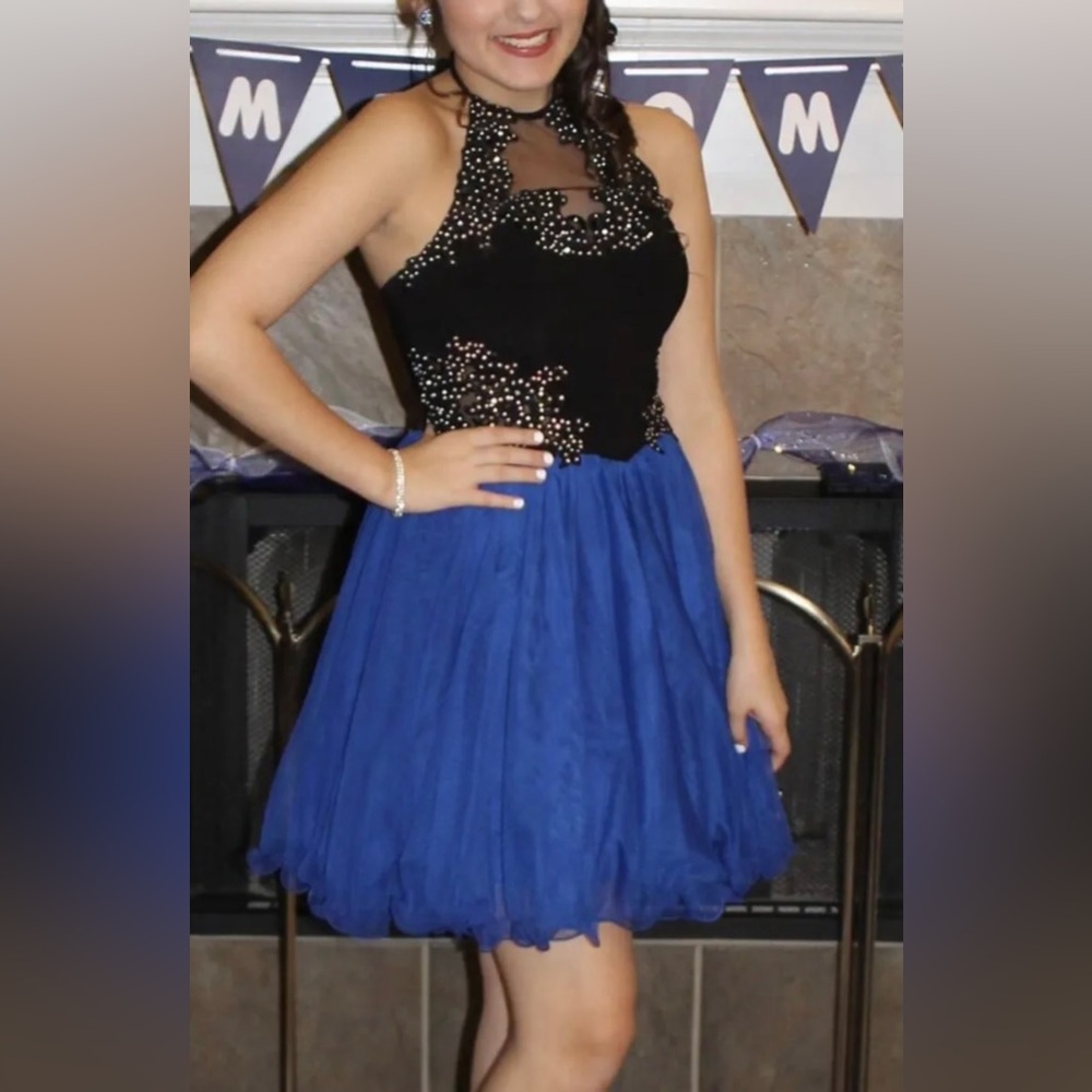 Blondie Nites Juniors Size 1 Blue/Black Formal Homecoming Party Dress Rhinestone
